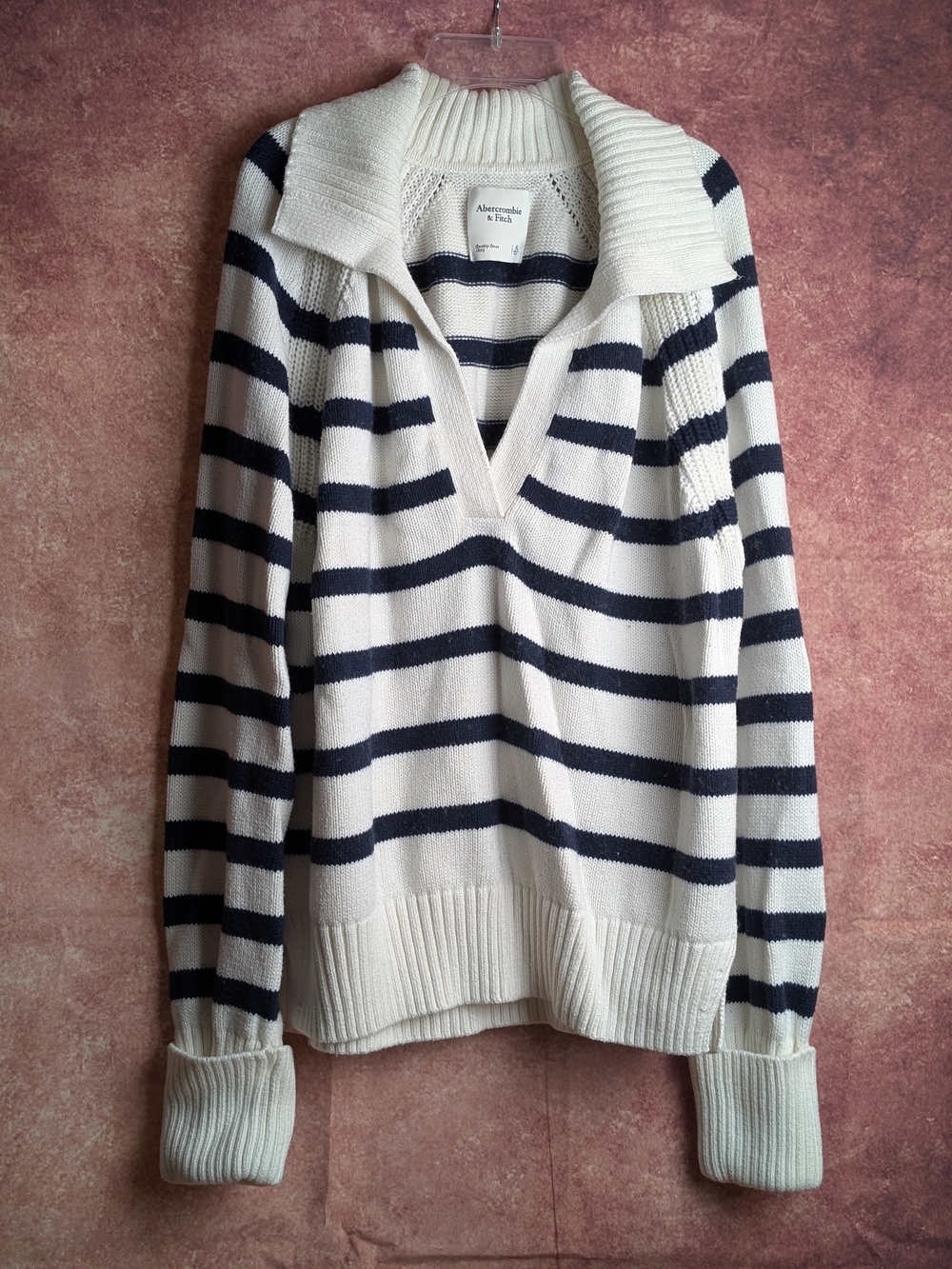 Abercrombie & Fitch Navy Cream Striped Collared V Neck Sweater XL